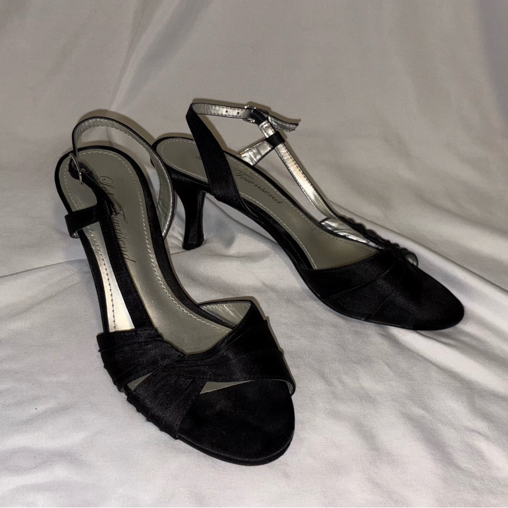 Black Satin Peep-Toe Kitten Heels